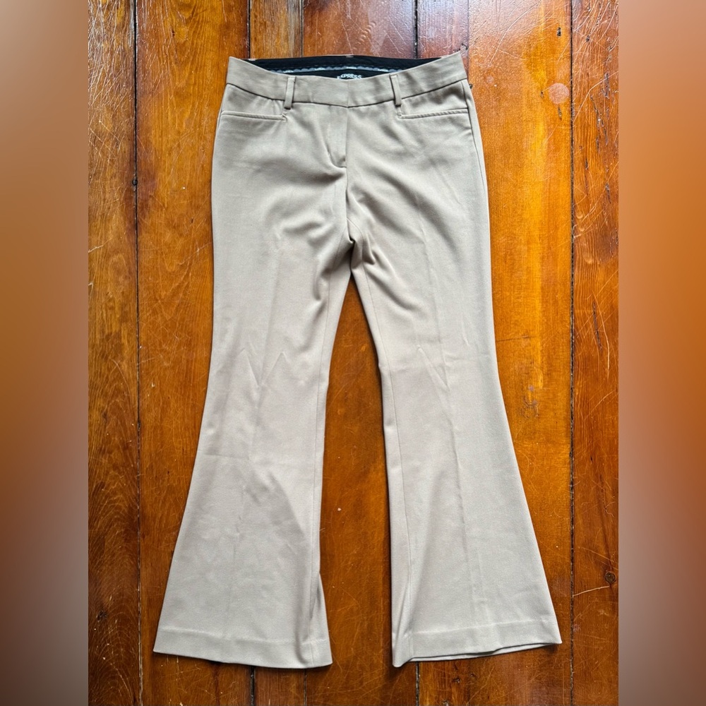 Express Mid-rise Tan Pants with Button Detail & Boot Flare